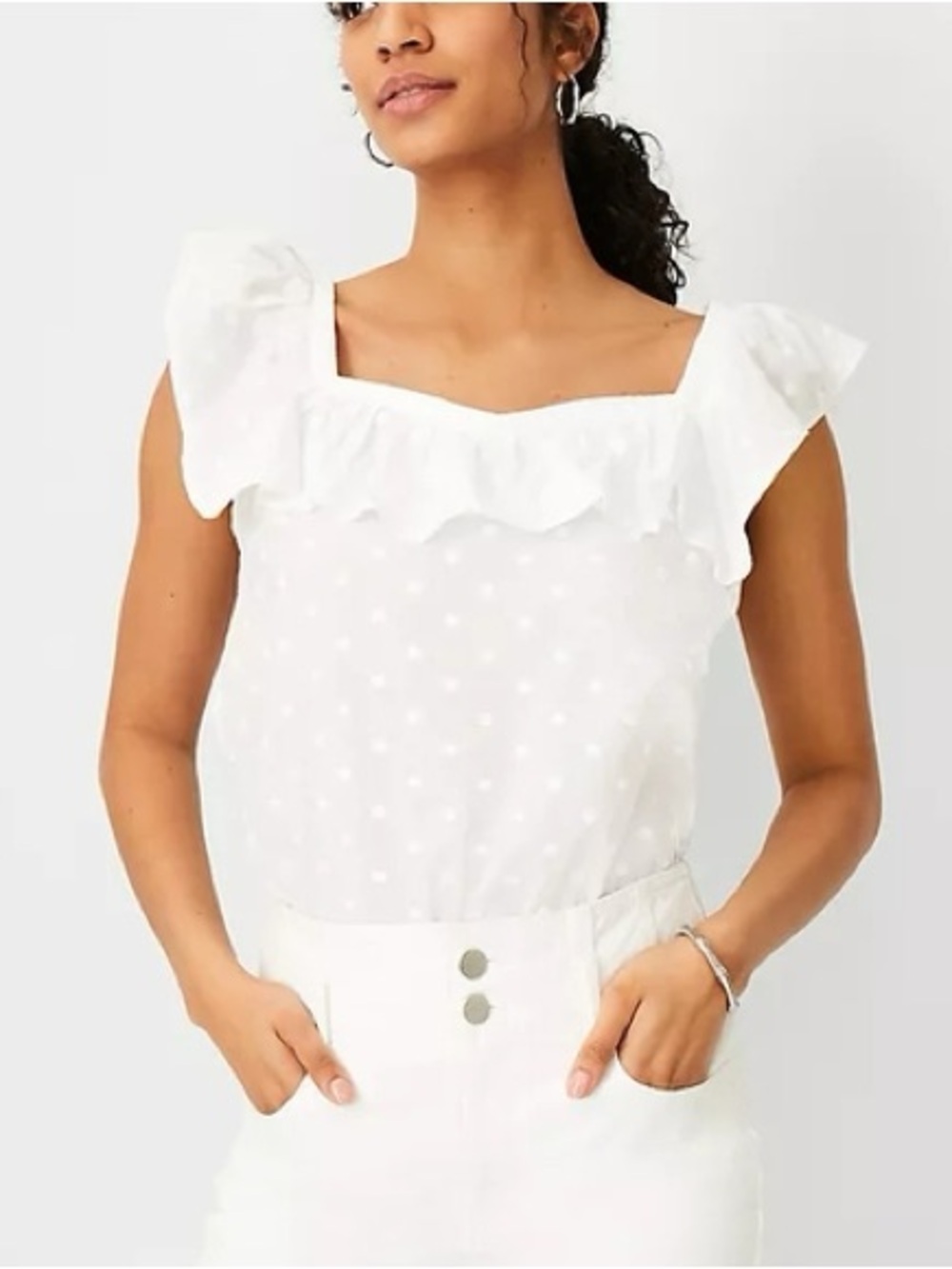 Ann Taylor Ruffled Square Neck Swiss Dot Top